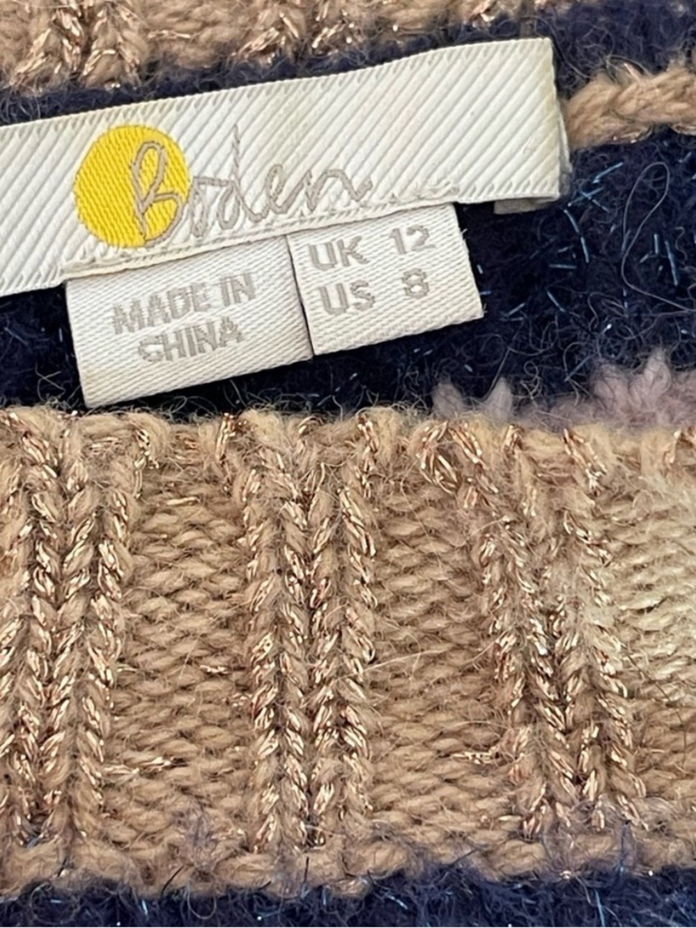 Boden Striped Sparkle Crewneck Sweater in Pink, Navy & Tan, Wool blend, Sz 8(M) - Picture 2 of 10